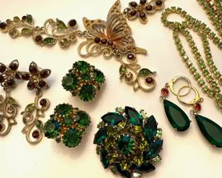 Green & Blue Rhinestone Brooch, Floral Vine Dangle Earrings and Matching Butterfly Vine Necklace, Green & Red Rhinestone Dangle Earrings