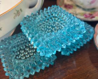 Set of 3 Blue Glass Hobnail Salt Cellars