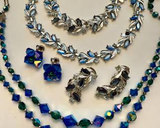 Blue & Green Iridescent Necklace, Blue & Green Iridescent Earrings, Silver Tone & Blue Rhinestone Earrings Matching Necklace and Bracelet