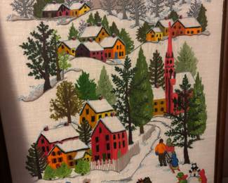Framed Winter Wonderland Crewel Embroidery
