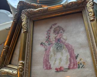 Pair of Framed Courting Girl & Boy Needlepoint Artwork