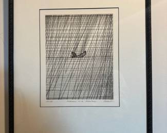 Framed & Matted Abstract Etching “Fisherman in a Rainstorm” by Art Hansen