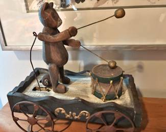Wood Carved Drumming Bear Pull Toy