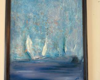 Framed Abstract Sailboat Painting Signed Lord