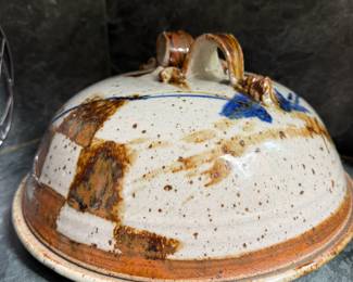 Brown, Cream and Blue Pottery Butter Dish