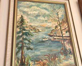 Framed Lakeside Oil Painting Signed WYN