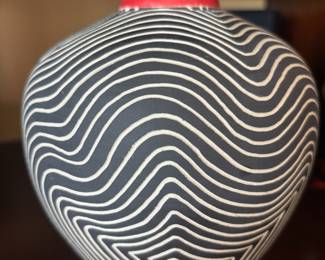 Black and White Sgraffito Pottery Vase with Red Rim – Signed by Artist