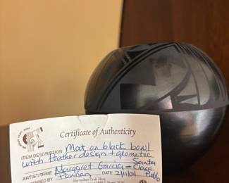 Pueblo Blackware Pottery Feather Pot by Margaret Garcia