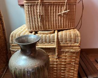 Wicker Rattan Lidded Baskets, Brown & Red Glazed Ceramic Floor Vase