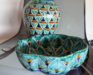 Talavera Peacock Pattern Ginger Jar, Talavera Peacock Pattern Fruit Bowl
