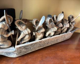 Carved Wood 7 Elephants in Row Boat Sculpture