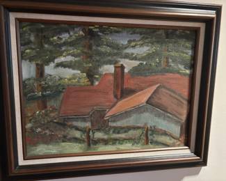 Framed Home in the Woods Oil Painting