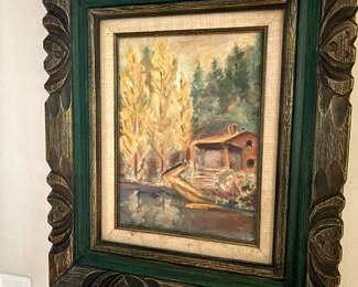 Ornately Framed Autumn Landscape with a Lakeside Cabin Oil Painting