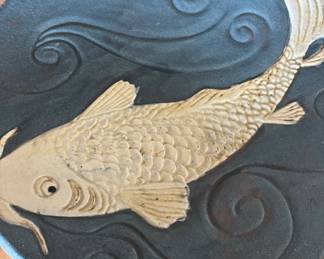 1999 Blue & White Pottery Plate with Koi Fish Design - Signed by Artist