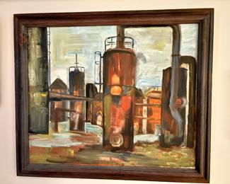Framed Industrial Scene Painting