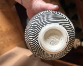 Black and White Sgraffito Pottery Vase with Red Rim – Signed by Artist