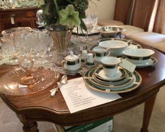Oval table w/ 6 chairs $350.; more glassware; Nikko china