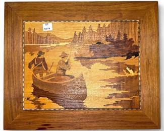 Vintage Marquetry Wood Inlay Art – Fishermen Scene