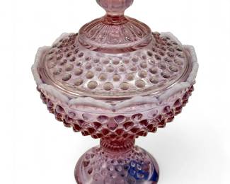 Fenton Rose Magnolia Opalescent Hobnail Pedestal Candy Dish