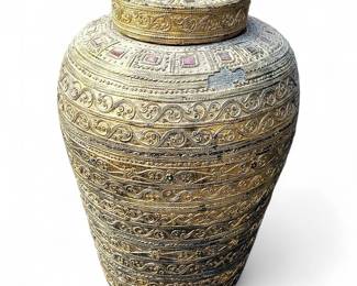 Large Brass Decorative Burmese-Style Urn with Lid
