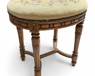 Needlepoint Walnut Oval Stool, Louis XVI Style