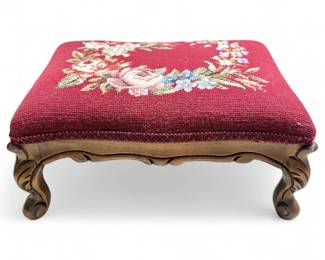 Victorian-Style Footstool w/ Needlepoint Seat