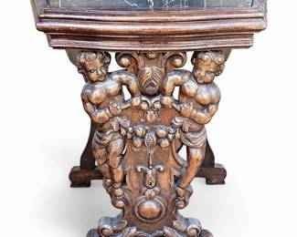 French Renaissance Style Walnut & Marble Accent Table