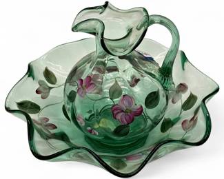 Fenton "Vining Garden" on Sea Mist Glass Pitcher & Bowl