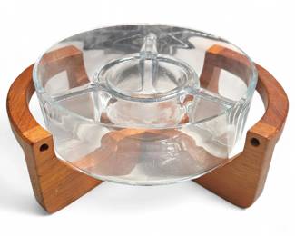 Clear Glass Divided Serving Dish w/ Teak Wood Stand
