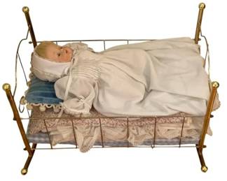 314 - Vintage Doll w/ Brass Cradle - 14 x 20 x 12

