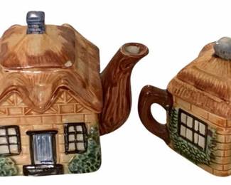 156 - Ceramic Cottage Teapot w/ Creamer 5.5" tall
