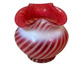 124 - Fenton Cranberry w/ white opalescent Stripes Vase 4" tall
