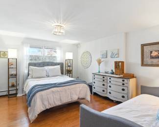 Sleep number bed and sheets, dresser, art, tall lamps, air purifer