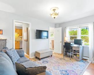 tv, couch, curtains, small lamp