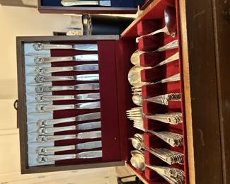 International silver Forever Yours silver plate setting for12.  Six piece place setting plus serving pieces.
Wooden box with draw included.
