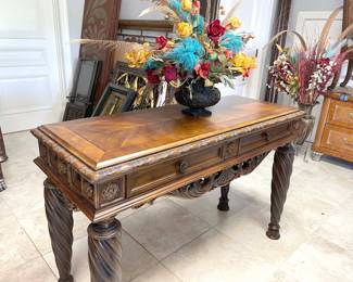 Matching dining console (or high desk!) with carved details and drawers!