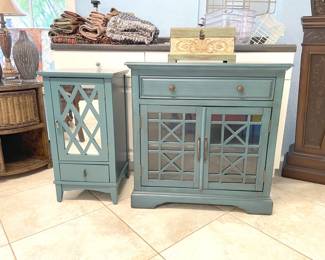 blue accent cabinets feature geometric details