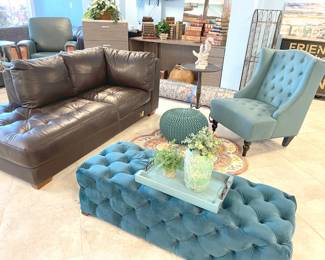 Brown lounger, teal arm chair, teal pouf and teal bench. So pretty.