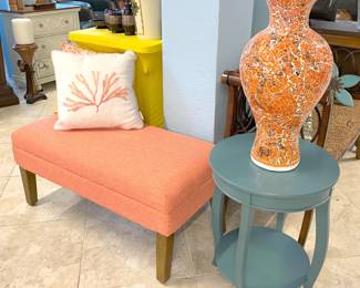Coral bench has storage and the cracked coral mosaic vase has vibes! (Looks nice paired with that muted blue)