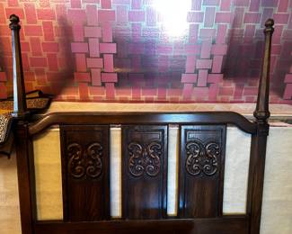 Great Mid-Century Twin Headboard w Frame and Optional Mattress and Box Springs….Check out that wallpaper!