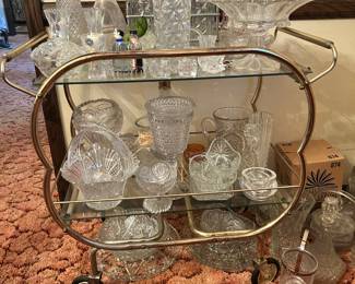 Vintage Brass and Glass Bar Cart, Loads of Crystal and Cut Glass