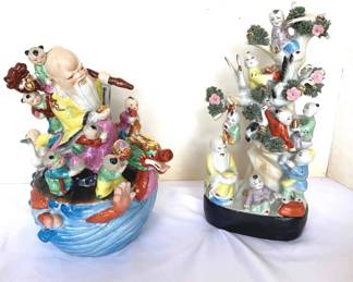 Chinese Porcelain Statues Depicting Tree Of Prosperity Longevity