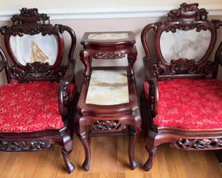 008 Intricately Carved Chairs and Side Table, Wood with Marble Inserts, #2
