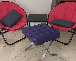 Pink Folding Chairs, Purple Pleather Ottoman And A Side Table