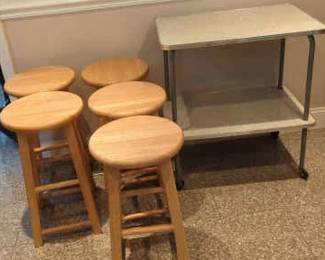 Five Wood Barstools And Rolling Table