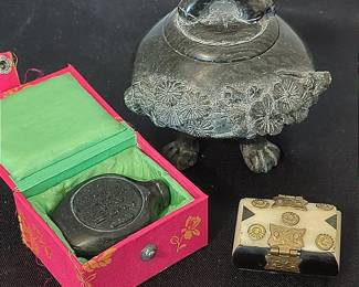 Soapstone Tobacco Snuff Box, Carved Bone Box And Soapstone Dish