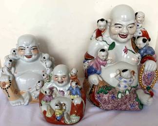 Three Vintage Chinese Porcelain Statues Of The Happy Laughing Buddha