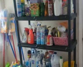 Cleaning Supply Lot With Black Shelf