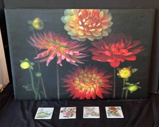 Floral Canvas and 4 Ceramic Tile Coasters