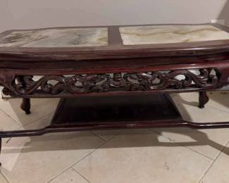 Intricately Carved Coffee Table, Wood with Marble Inserts